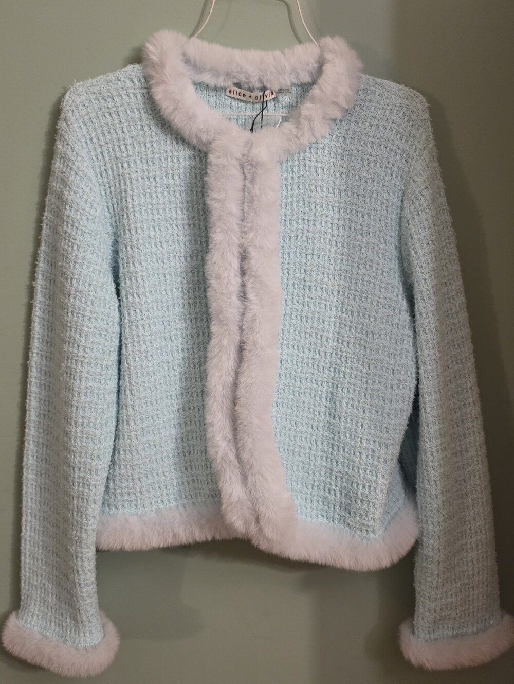 alice + olivia Kids Light Blue Faux Fur Trim Cardigan Jacket